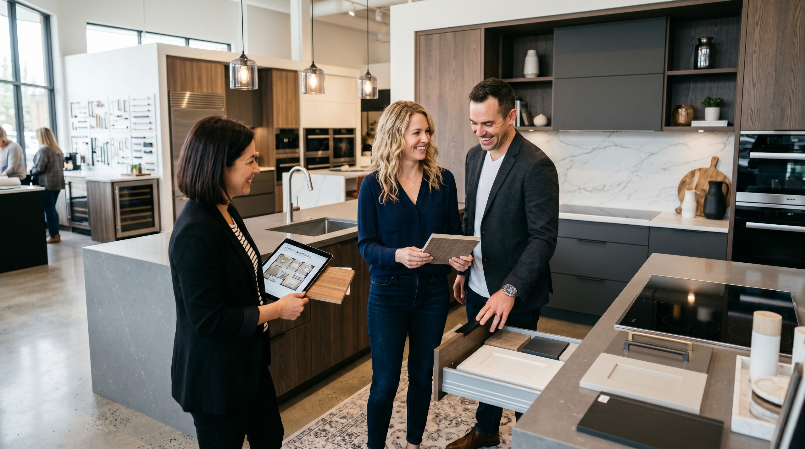 Kitchen designer with two homeowners reviewing a tablet rendering and cabinet, countertop, and tile samples in a modern kitchen showroom.
