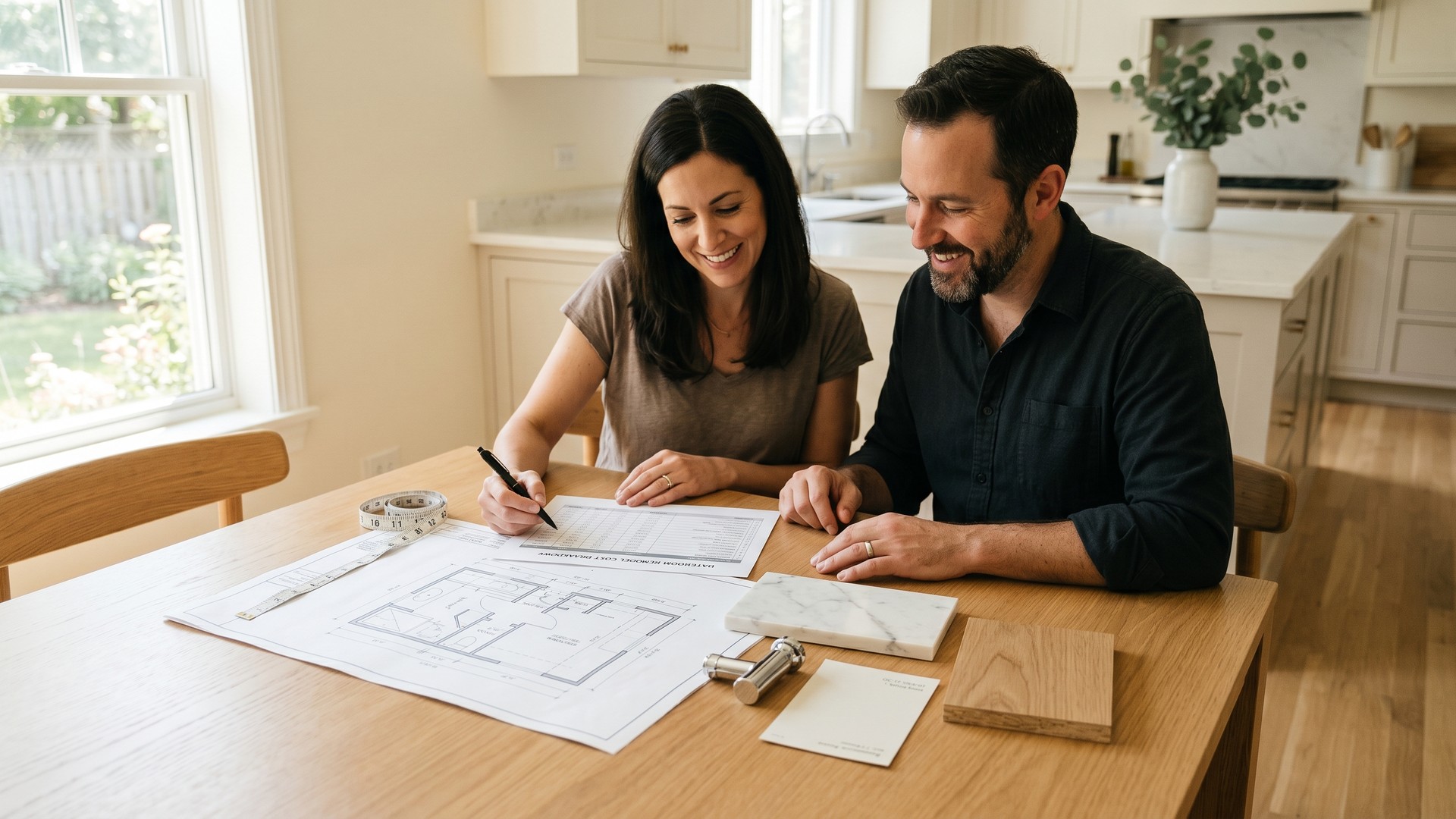 Homeowner couple sitting at a wood table with a bathroom remodel floor plan, a printed cost-breakdown spreadsheet, finish samples (marble tile chip, faucet tag, paint swatch, wood vanity sample), and a tape measure spread out in front of them, light-filled North Shore home interior with warm-neutral palette in the background.