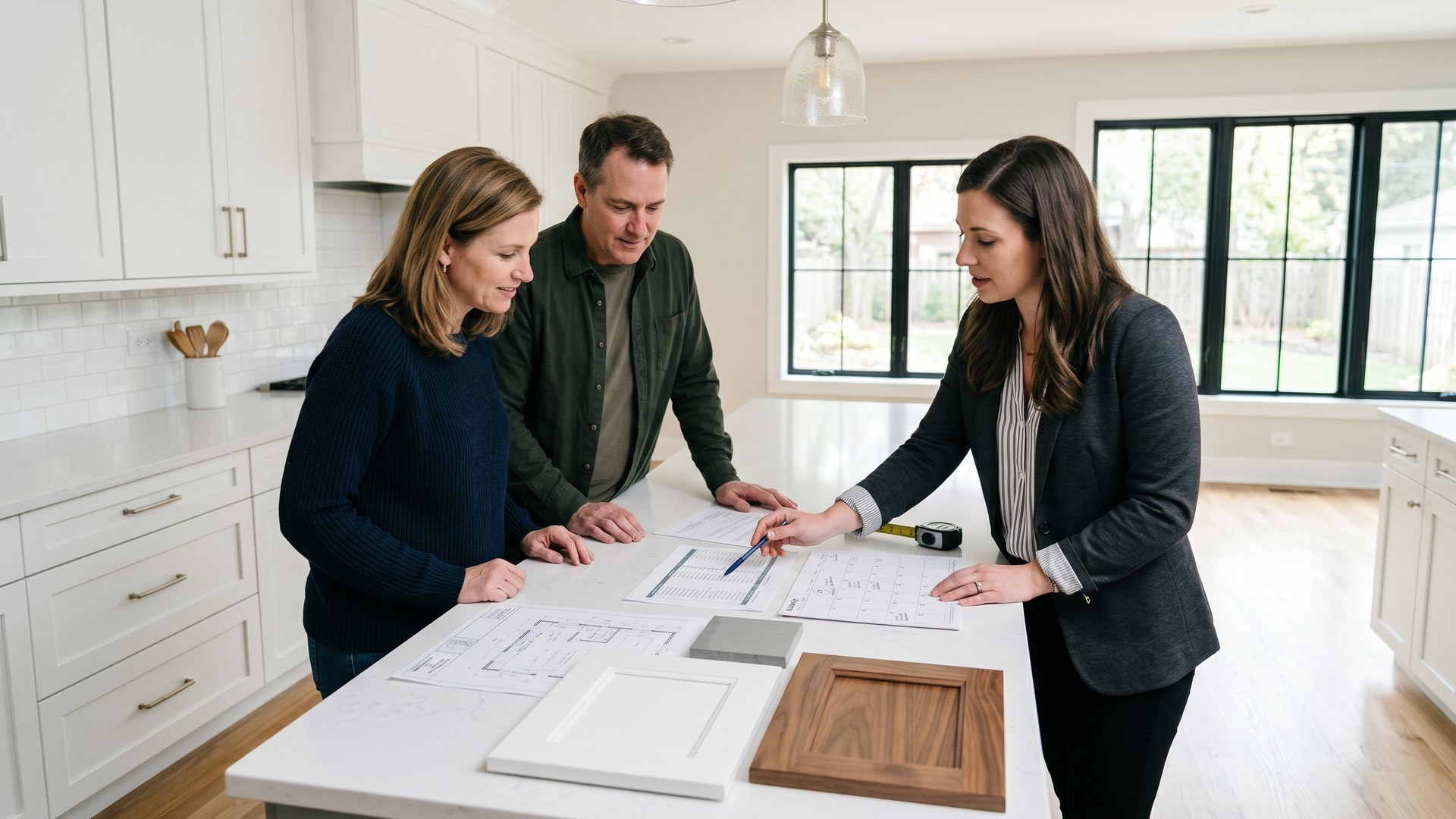 North Shore kitchen designer pointing at a printed kitchen remodel project schedule on a quartz kitchen island while a homeowner couple looks on. Cabinet door samples (white shaker and warm walnut), a stone countertop chip, and a floor plan drawing are laid out on the island in a bright, recently remodeled white kitchen with white oak floors.