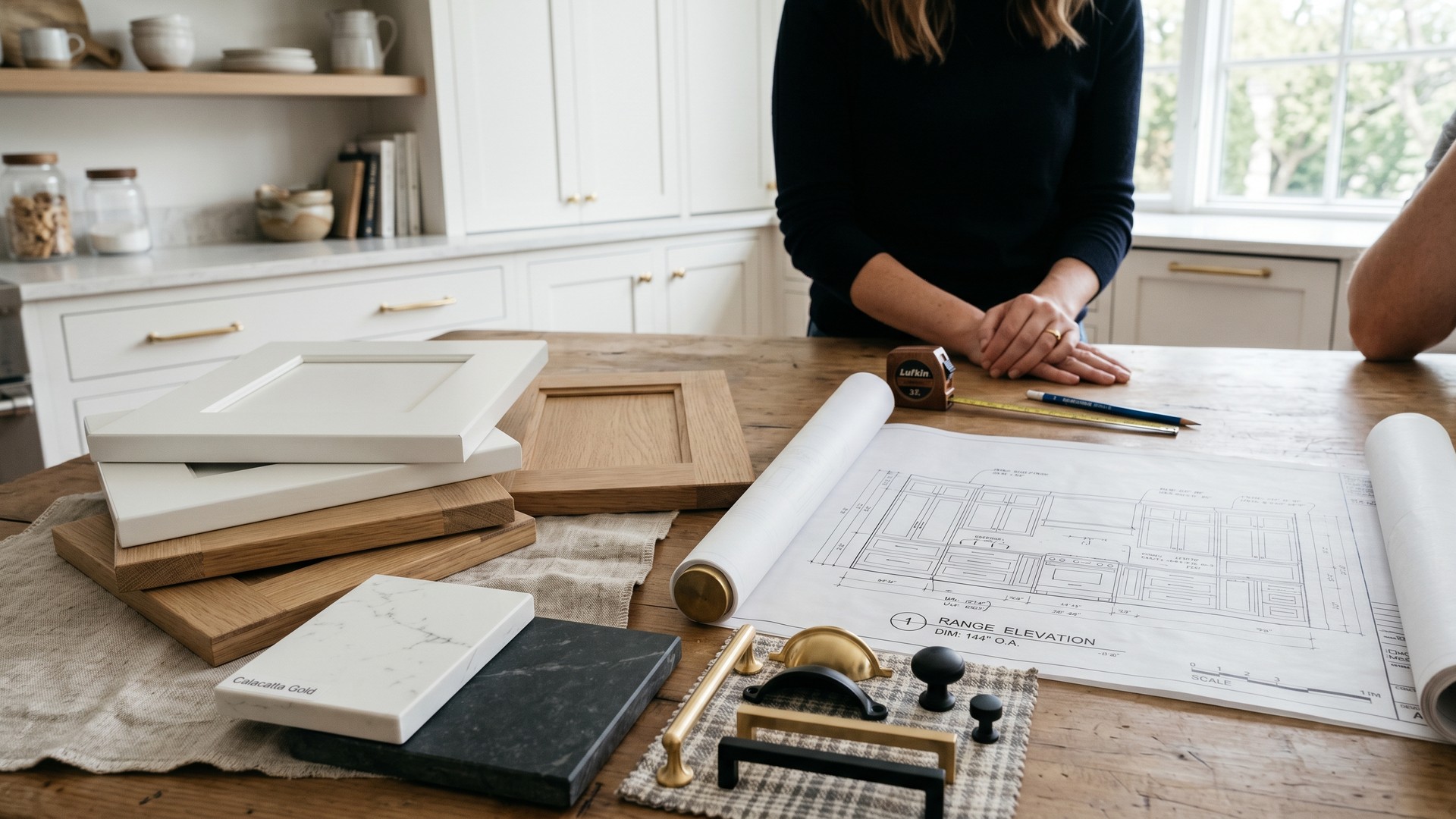 A kitchen designer's worktable with cabinet door samples, countertop slabs, hardware, and rolled elevation drawings during a client selection meeting on the Chicago North Shore.