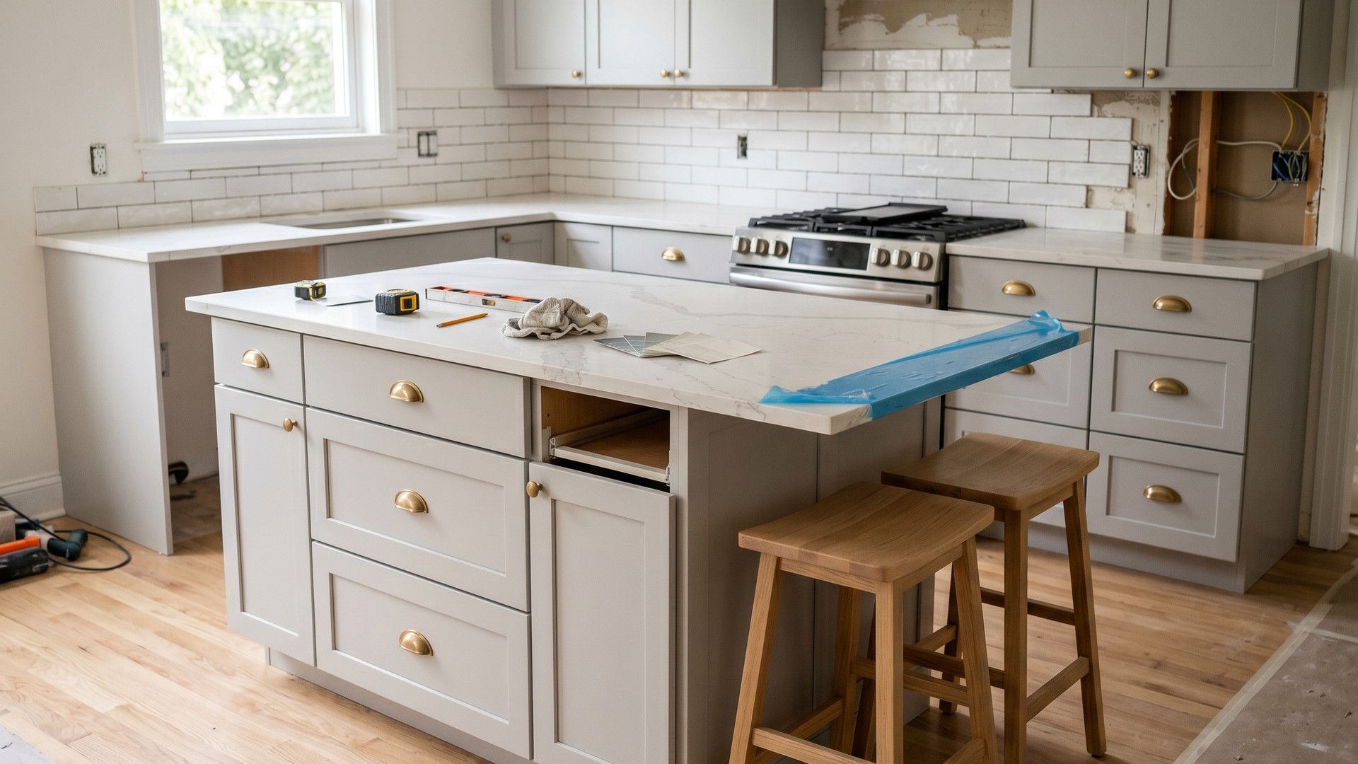 North Shore small kitchen mid-renovation showing a slim built-in kitchen island with light gray shaker cabinets, brass cup pulls, a quartz countertop with protective film partially peeled back, two natural-wood counter stools at the back overhang, and a half-installed white subway tile backsplash behind the range.