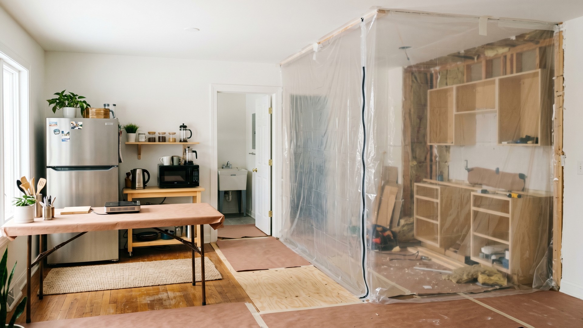 Bright North Shore kitchen mid-remodel with a clear floor-to-ceiling zip-wall dust barrier separating the construction zone from a tidy temporary kitchen in the adjacent dining room. Temporary kitchen includes a stainless refrigerator, folding prep table with butcher paper, portable induction burner, microwave, kettle, and a coffee station. Hardwood floors covered with brown rosin paper and plywood walking path. No people.