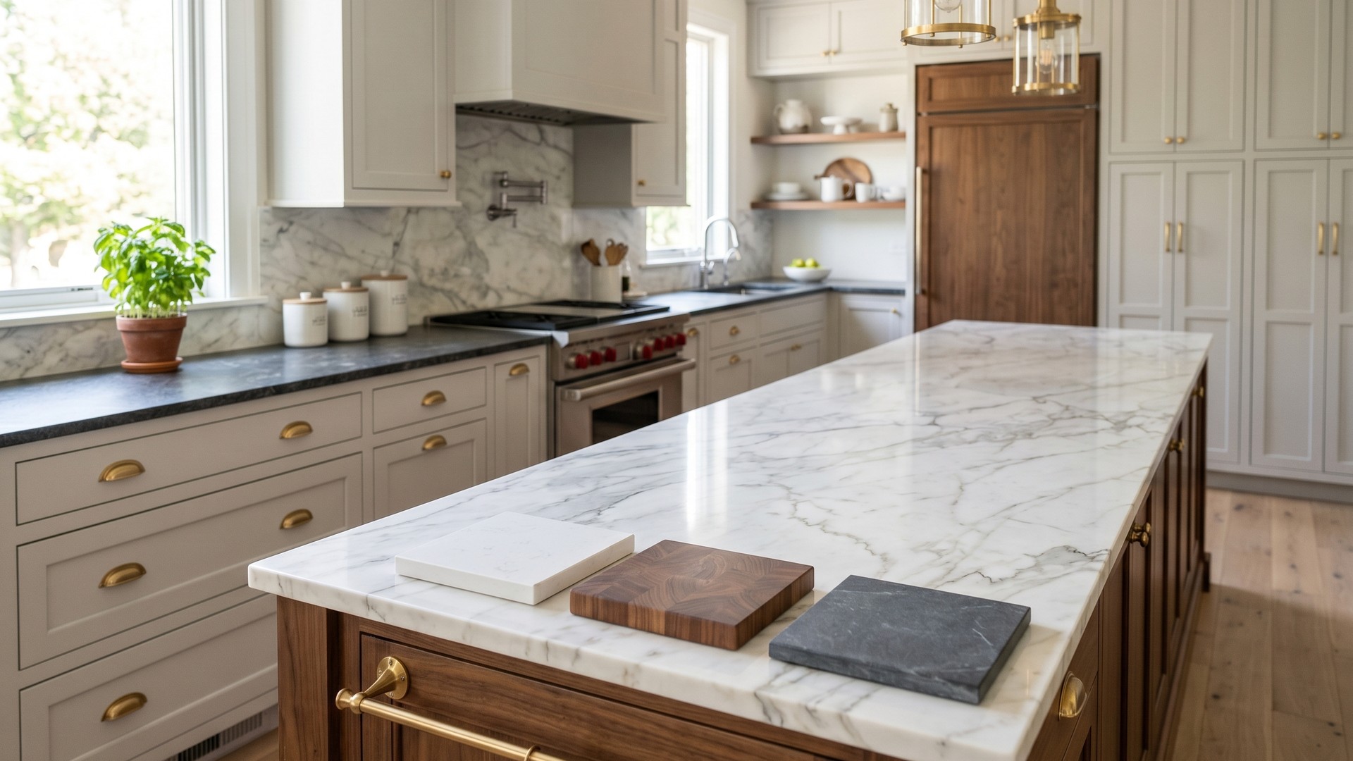 Upscale transitional North Shore kitchen island with a Calacatta-style marble countertop, three countertop material samples on the foreground edge (a polished white quartz square, a walnut butcher-block end-grain block, and a honed dark stone tile), light gray shaker perimeter cabinetry with brass cup pulls, and a marble backsplash behind the range.