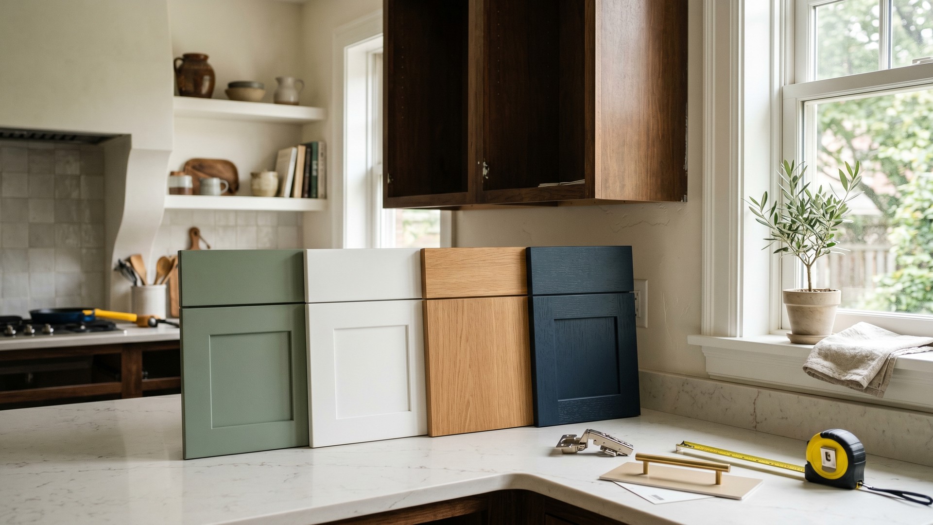 Cabinet door samples in sage green, white shaker, oak, and navy lined up on a kitchen counter with brass hardware and tape measure samples next to existing wood cabinets.