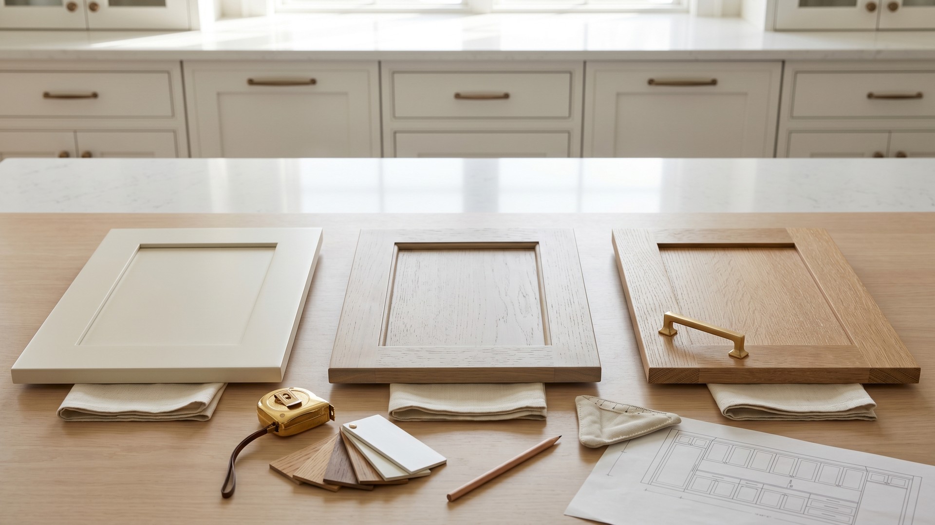 Three kitchen cabinet door samples on a designer's worktable representing stock, semi-custom, and custom cabinet tiers, with brass tape measure, finish swatches, and an elevation drawing